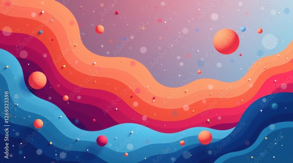 Poster Abstract Colorful Waves and Floating Spheres A Vibrant Digital Art Composition Featuring Layered Curves and Scattered Orb Elements