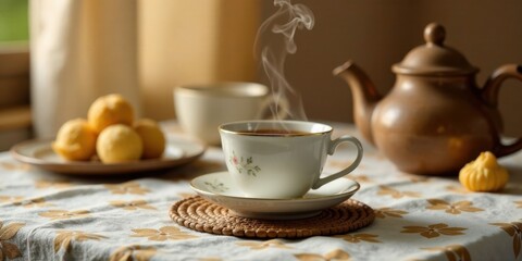 Aromatic Tea in a Delicate Cup with Sweet Treats on a Floral Tablecloth