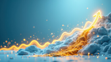 Obraz premium Financial growth ascending with rising gold sparkles and upward arrow on cloud-filled sky.