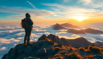 Fototapeta premium A lone traveler stands on a mountain peak at sunrise, overlooking a sea of clouds and misty valleys. Dressed in hiking gear, they embody adventure and freedom. The golden light and pastel sky.