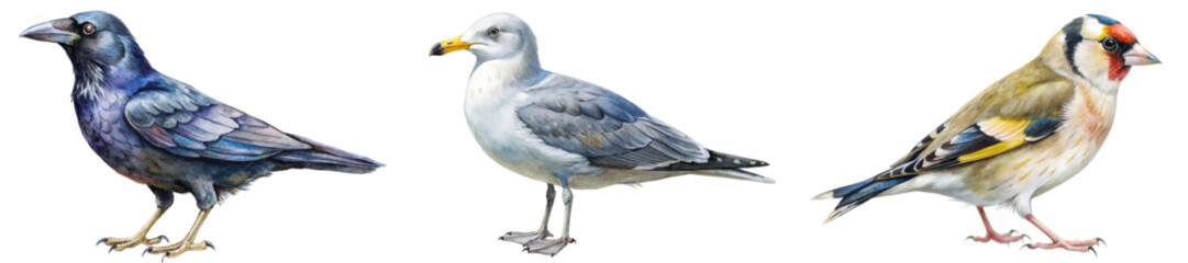Realistic bird illustrations, vibrant colors, nature art, detailed feathers, wildlife depiction, educational purpose, artistic design.