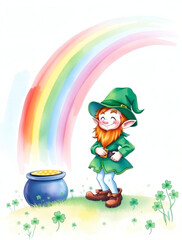 Joyful leprechaun stands by a shimmering pot of gold beneath a vibrant rainbow in a lush, green meadow filled with clovers