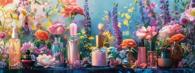 Fototapeta premium various cosmetics and flowers, Generative AI,