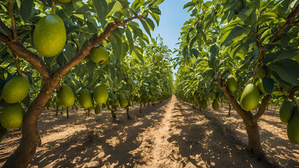 Mature avocado fruits developing on the tree as part of the harvest