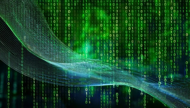 binary code flowing over a green background