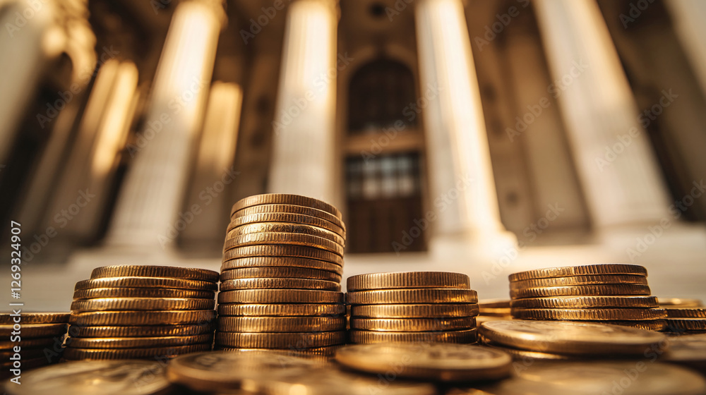 Poster close-up of stacked coins in front of a grand building, symbolizing wealth, finance, and prosperity.