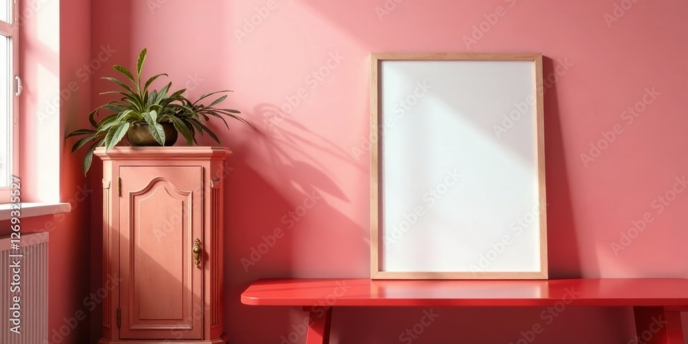 Poster sunlit interior design mockup featuring a blank frame on a coral table