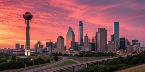 Naklejka premium Sunset over Dallas skyline with pink sky and highways at night, cityscape, highway, highway intersection