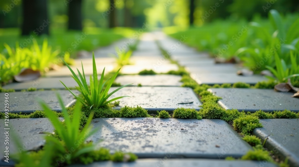 Poster a serene path verdant growth emerges between stone blocks in a tranquil park setting