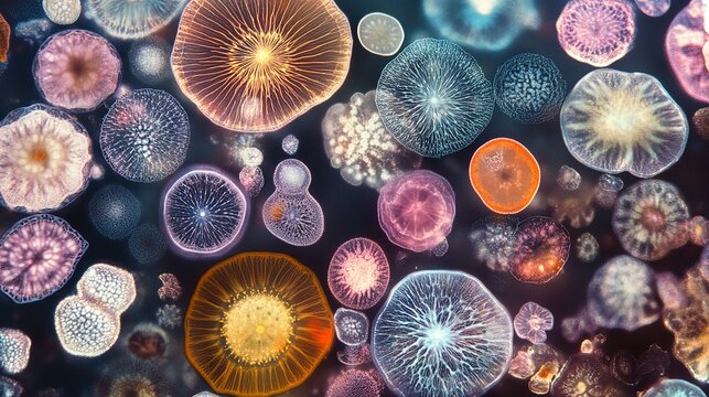 Microscopic Colorful Fungi Abstract Art Vibrant Nature Background Detailed Biology Science Illustration Diverse Shapes Intricate Patterns Beautiful   