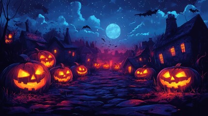 Eerie Halloween Night Village with Glowing Pumpkins and Bats, Digital Painting, Generated AI