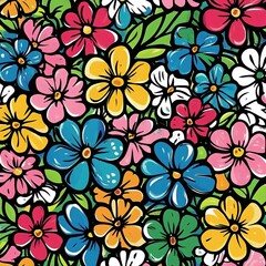 Vibrant and colorful floral pattern featuring various flowers and lush green leaves. Ideal for textiles, wallpapers, or crafts. Cheerful design.