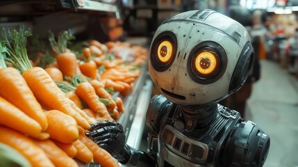 An old robot selling carrots in the old bazaar.