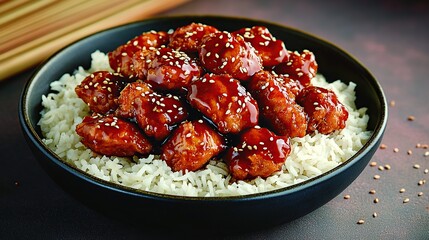 General Tso's Chicken served in a traditional Chinese bowl with a side of fried rice, garnished with sliced chili peppers and green onions