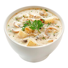 A bowl of creamy clam chowder with a sprinkle of fresh dill, isolated on a white or a transparent background.