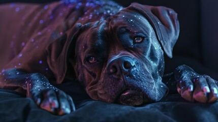 A serene black dog resting on a dark surface illuminated by blue lights, showcasing a calm demeanor and unique cosmic glow.