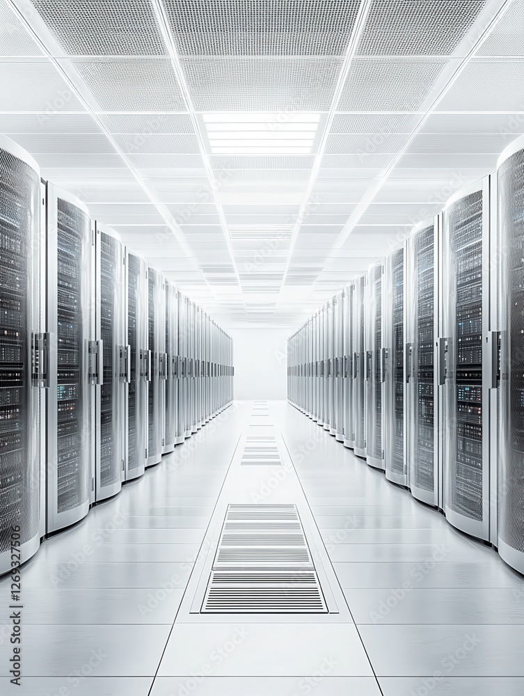Poster center interior white data. datum server room cloud rack farm backup render protocol network power c