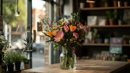 Colorful bouquets in a flower shop with bright spring flowers: tulips, daffodils, lilies, peonies and roses, ideal for celebrations and gifts. copy space