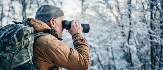A Hunter in Frosty Wilderness Scanning the Landscape with Binoculars