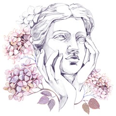 Elegant Sketch Of A Classical Greek Sculpture Bust, Female Face And Hands, With Delicate Hydrangea Flowers In A Soft Watercolor Art Style On White Background 