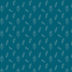 Dark Teal Seamless Pattern with White Leaf Line Drawings