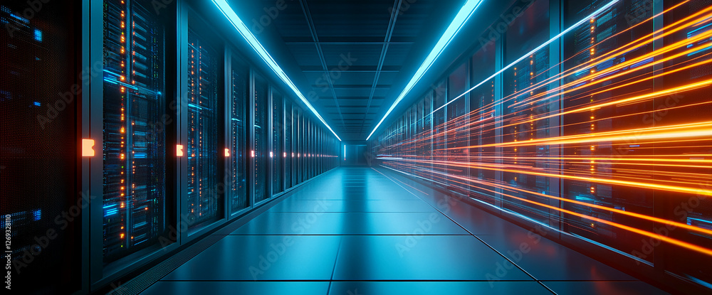 Poster futuristic server room hallway with glowing lights and data flow, representing high-speed communicat