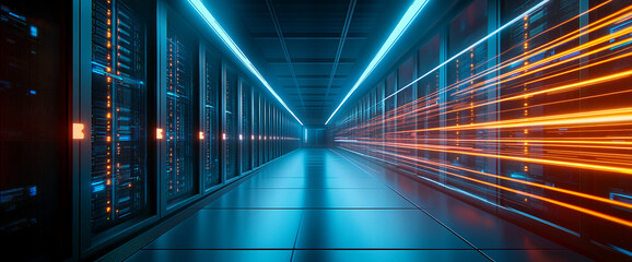 Futuristic server room hallway with glowing lights and data flow, representing high-speed communication, cloud storage, and the concept of fast data processing in modern technology.