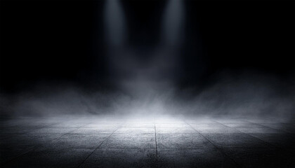 empty space of studio dark room concrete floor grunge texture background with spot lighting and fog or mist in black background