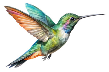 Vibrant watercolor painting, colorful hummingbird illustration, natural wildlife art, detailed bird depiction, nature-inspired design.