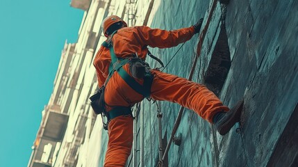 Fototapeta premium Industrial Rope Access Technician Scaling a Building