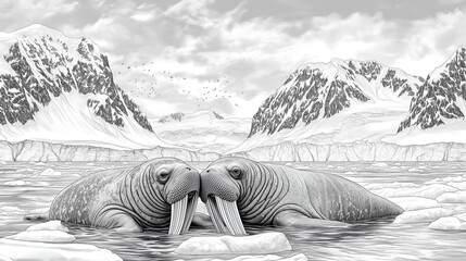 Black and white line art illustration of a walrus on white