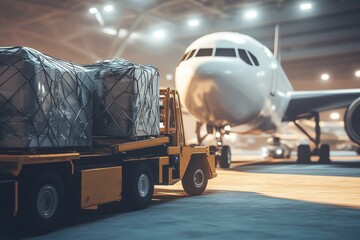 Air Cargo Transport with Loaded Pallets at Airport Cargo Facility