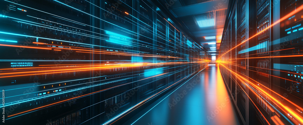 Poster Futuristic data center with high-speed data flow visualized by glowing orange and blue light streaks, symbolizing advanced technology, network infrastructure, and fast data processing.