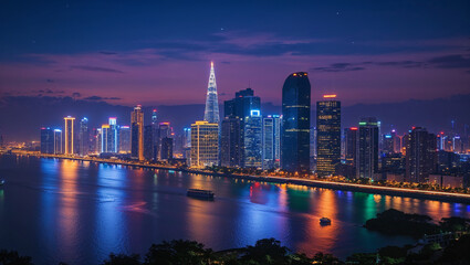 Naklejka premium Illuminated cityscape reflecting on river at dusk with modern buildings