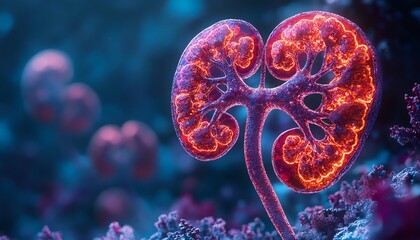 Obraz premium 3D illustration of human kidneys with crosssection, detailed anatomy showing internal structure and morphology, medical professionals studying physiology, 8K resolution