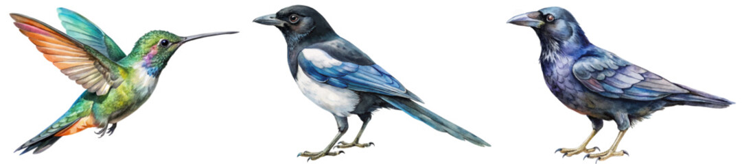 Vibrant watercolor birds, colorful hummingbird, sleek black and white bird, artistic nature illustration, wildlife art.