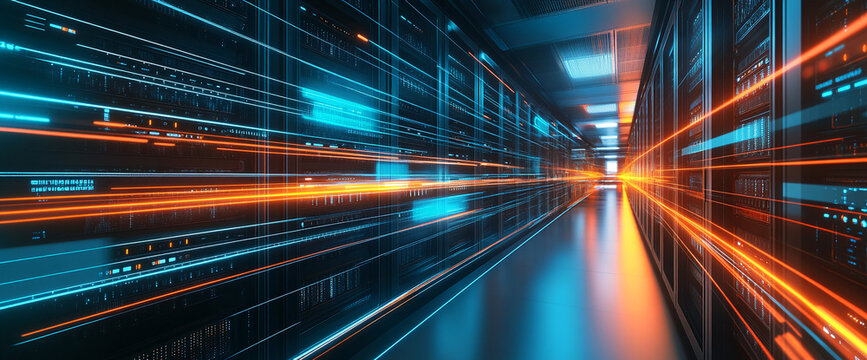 Futuristic data center with high-speed data flow visualized by glowing orange and blue light streaks, symbolizing advanced technology, network infrastructure, and fast data processing.