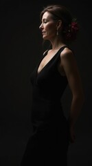 Fototapeta premium Elegant portrait of a woman in a black dress against a dark background
