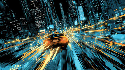 Bustling city with streaks of light and motion blurs, showcasing a fast moving