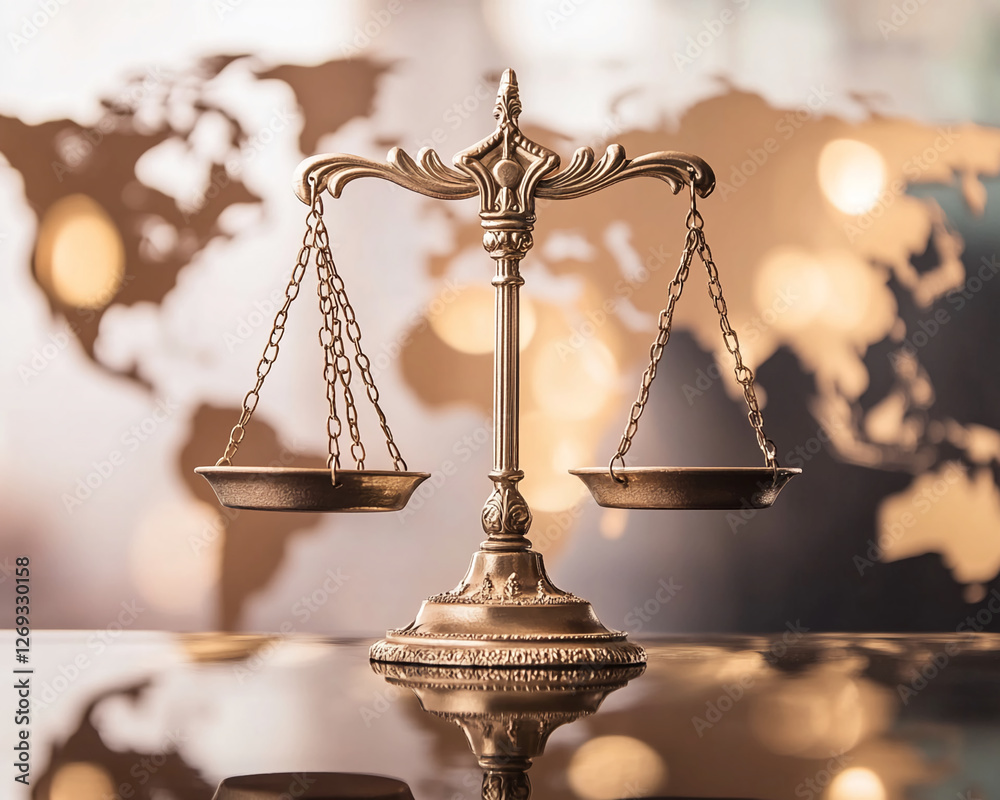 Poster a golden balance scale symbolizing justice with a world map in the background. this image represents