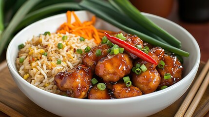 General Tso's Chicken served in a traditional Chinese bowl with a side of fried rice, garnished with sliced chili peppers and green onions