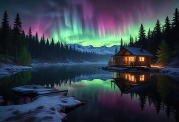 Fototapeta premium The vibrant colors of the northern lights reflecting off the frosty surface of a lake near a cozy cabin nestled in the heart of a dense forest, aurora borealis, rustic charm