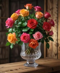 The vibrant colors of the roses are showcased in a stunning floral arrangement, placed in a beautiful crystal glass vase on a rustic wooden shelf , vibrant colors, rustic wooden shelf