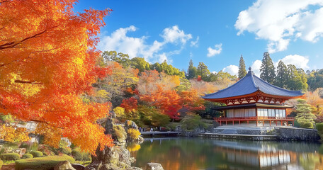 Traditional Japanese Temple and Pagoda amidst blooming cherry blossoms and reflective water