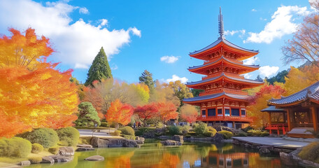 Obraz premium Traditional Japanese Temple and Pagoda amidst blooming cherry blossoms and reflective water