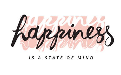happiness calligraphy slogan on pink square background for girl fashion print