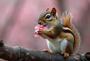 Obraz premium Cute Squirrel Holding a Pink Petal