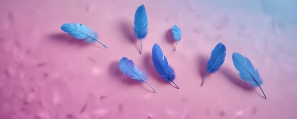 Tiny pink and blue feathers floating on a gradient background, calm ambiance, small fluffy feathers