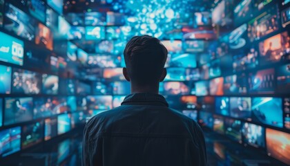 A person stands in awe before a multitude of vibrant screens displaying various content, immersed in a digital world of information and entertainment.