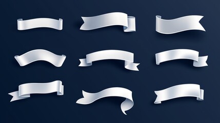 Set of snow-white satin ribbon on a solid dark blue background.